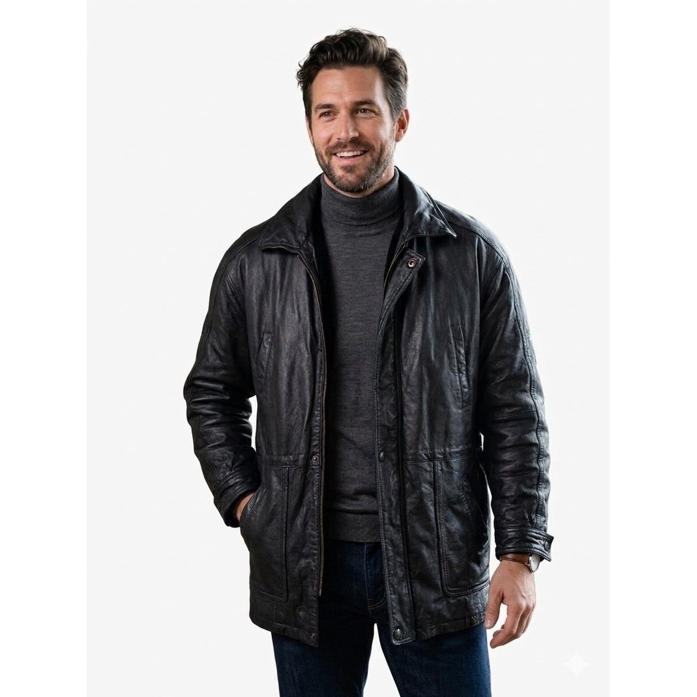 Genuine Leather Unisex L Mid-Length Parka Jacket Zipper & Snap Front Black